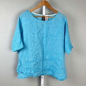 Igor Dobranic‎ Helena Linen Blend Top Boxy Tiered Hem Short Sleeve Blue Size M